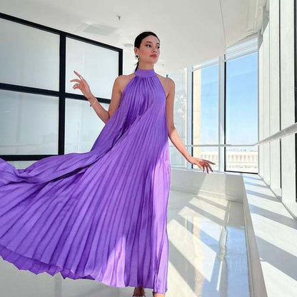 Women's Halter Neck Pleated Flowy Maxi Dress