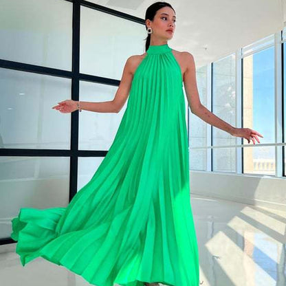 Women's Halter Neck Pleated Flowy Maxi Dress