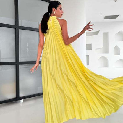 Women's Halter Neck Pleated Flowy Maxi Dress