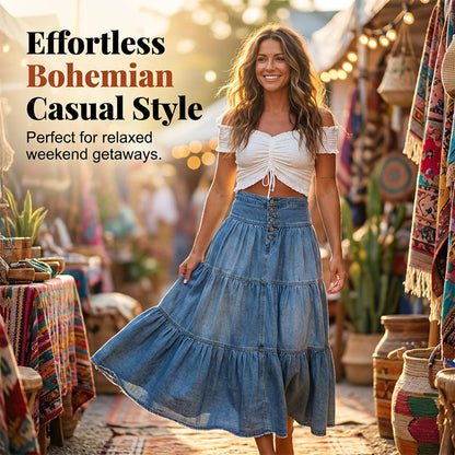 Women's High Waisted Tiered A-Line Denim Maxi Skirt