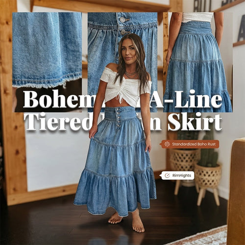 Women's High Waisted Tiered A-Line Denim Maxi Skirt