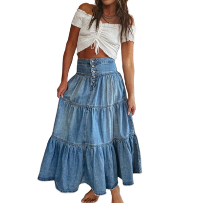 Women's High Waisted Tiered A-Line Denim Maxi Skirt