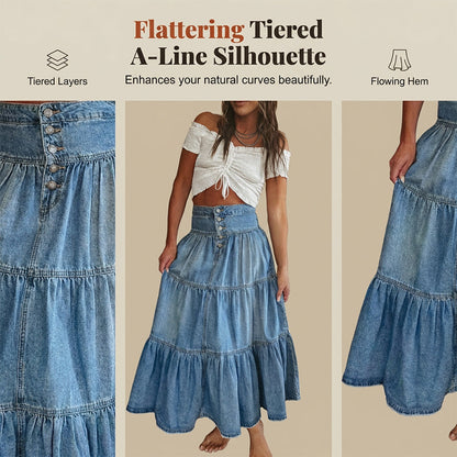 Women's High Waisted Tiered A-Line Denim Maxi Skirt