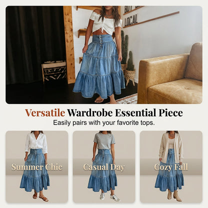 Women's High Waisted Tiered A-Line Denim Maxi Skirt