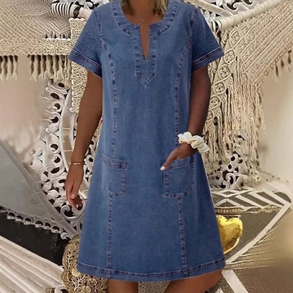 📢📢50% OFF !! ⏰Women's Short Sleeve V-Neck Denim Dress