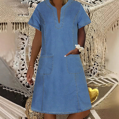 📢📢50% OFF !! ⏰Women's Short Sleeve V-Neck Denim Dress
