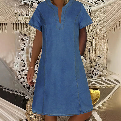 📢📢50% OFF !! ⏰Women's Short Sleeve V-Neck Denim Dress
