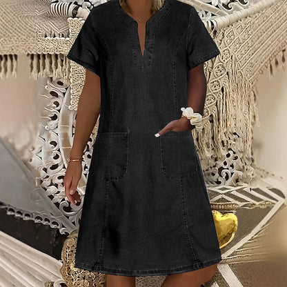📢📢50% OFF !! ⏰Women's Short Sleeve V-Neck Denim Dress