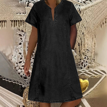 📢📢50% OFF !! ⏰Women's Short Sleeve V-Neck Denim Dress