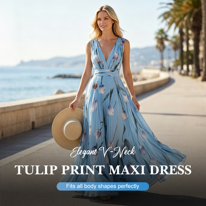 👗 LIMITED-TIME 50% OFF! ✨ Tulip Print Maxi Dress – Elegant V-Neck, Flowy, Floral 🌷