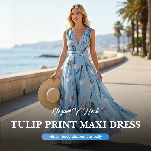 👗 LIMITED-TIME 50% OFF! ✨ Tulip Print Maxi Dress – Elegant V-Neck, Flowy, Floral 🌷