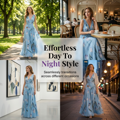 👗 LIMITED-TIME 50% OFF! ✨ Tulip Print Maxi Dress – Elegant V-Neck, Flowy, Floral 🌷