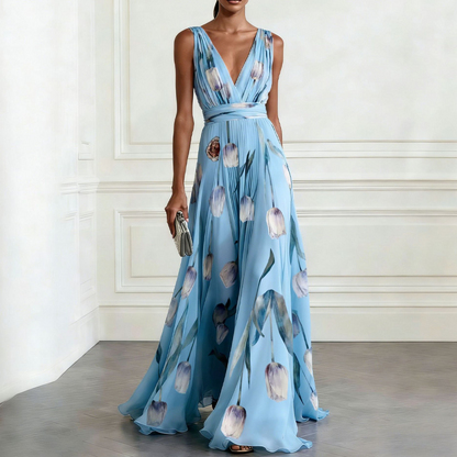 👗 LIMITED-TIME 50% OFF! ✨ Tulip Print Maxi Dress – Elegant V-Neck, Flowy, Floral 🌷