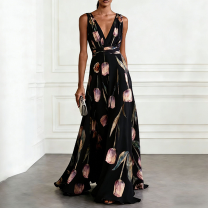 👗 LIMITED-TIME 50% OFF! ✨ Tulip Print Maxi Dress – Elegant V-Neck, Flowy, Floral 🌷