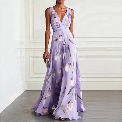 👗 LIMITED-TIME 50% OFF! ✨ Tulip Print Maxi Dress – Elegant V-Neck, Flowy, Floral 🌷