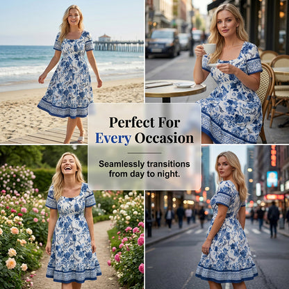 Women's Floral Print Square Neck Midi Dress