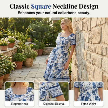 Women's Floral Print Square Neck Midi Dress