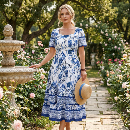 Women's Floral Print Square Neck Midi Dress