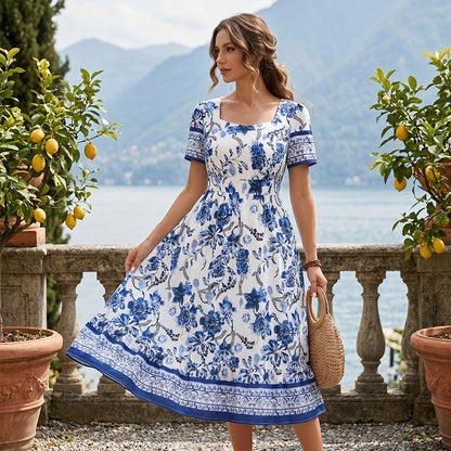 Women's Floral Print Square Neck Midi Dress