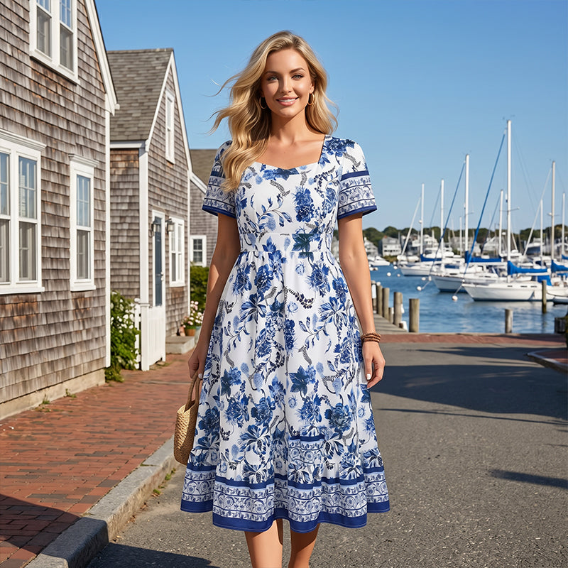 Women's Floral Print Square Neck Midi Dress