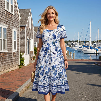 Women's Floral Print Square Neck Midi Dress