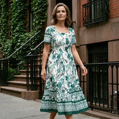 Women's Floral Print Square Neck Midi Dress
