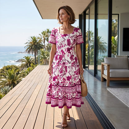 Women's Floral Print Square Neck Midi Dress