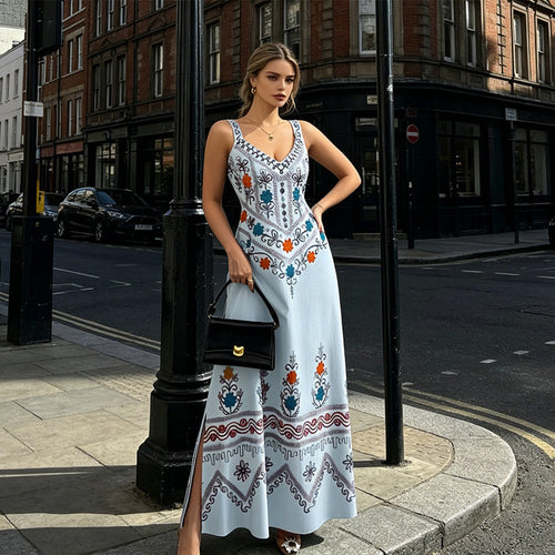 Sleeveless V-Neck Floral Print Slit Dress