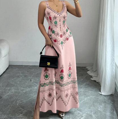 Sleeveless V-Neck Floral Print Slit Dress