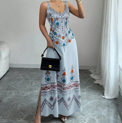 Sleeveless V-Neck Floral Print Slit Dress