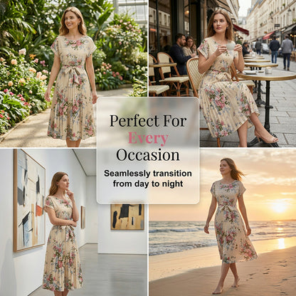 Women's Floral Print Pleated Midi Dress