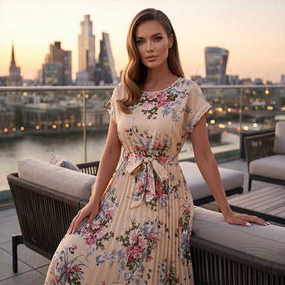 Women's Floral Print Pleated Midi Dress