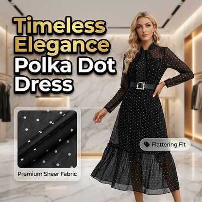 Elegant Polka Dot Tie-Neck Midi Dress 