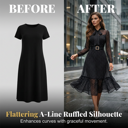 Elegant Polka Dot Tie-Neck Midi Dress 