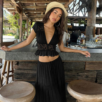🔥2026 New Arrival ＆ Hot Sale ＆ 50％ Off🔥Elegant Lace V-Neck Top & Maxi Skirt Set