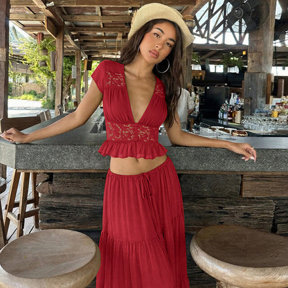 🔥2026 New Arrival ＆ Hot Sale ＆ 50％ Off🔥Elegant Lace V-Neck Top & Maxi Skirt Set
