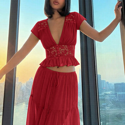 🔥2026 New Arrival ＆ Hot Sale ＆ 50％ Off🔥Elegant Lace V-Neck Top & Maxi Skirt Set