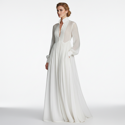 ✨ Elegant Pleated White High-Neck Maxi Dress