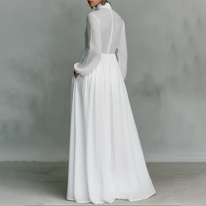 ✨ Elegant Pleated White High-Neck Maxi Dress