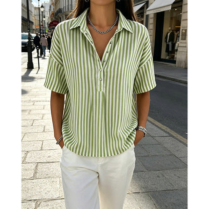 Women's Striped Short-Sleeve Shirt – Relaxed Fit, V Neck, 9 Colors 🍂