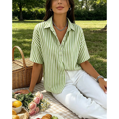 Women's Striped Short-Sleeve Shirt – Relaxed Fit, V Neck, 9 Colors 🍂