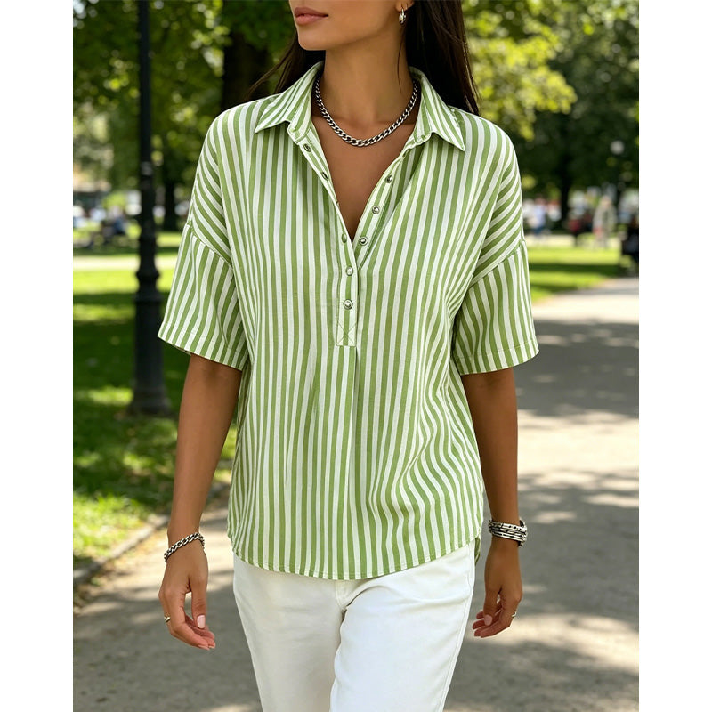Women's Striped Short-Sleeve Shirt – Relaxed Fit, V Neck, 9 Colors 🍂