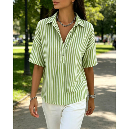 Women's Striped Short-Sleeve Shirt – Relaxed Fit, V Neck, 9 Colors 🍂