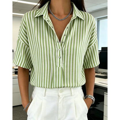 Women's Striped Short-Sleeve Shirt – Relaxed Fit, V Neck, 9 Colors 🍂