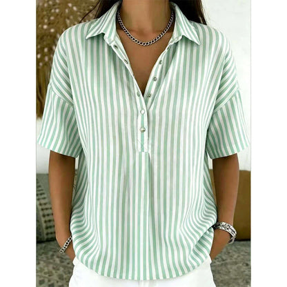 Women's Striped Short-Sleeve Shirt – Relaxed Fit, V Neck, 9 Colors 🍂