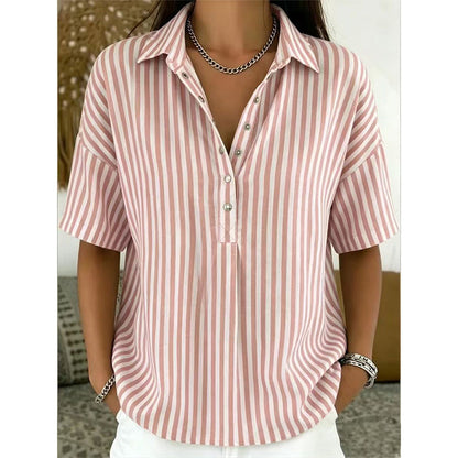 Women's Striped Short-Sleeve Shirt – Relaxed Fit, V Neck, 9 Colors 🍂