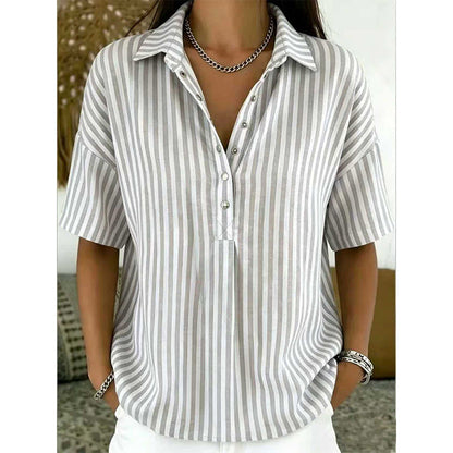 Women's Striped Short-Sleeve Shirt – Relaxed Fit, V Neck, 9 Colors 🍂