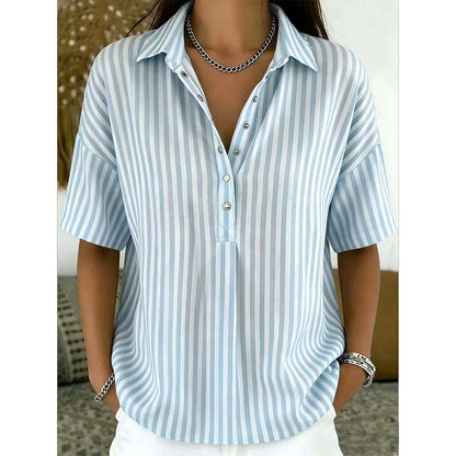 Women's Striped Short-Sleeve Shirt – Relaxed Fit, V Neck, 9 Colors 🍂