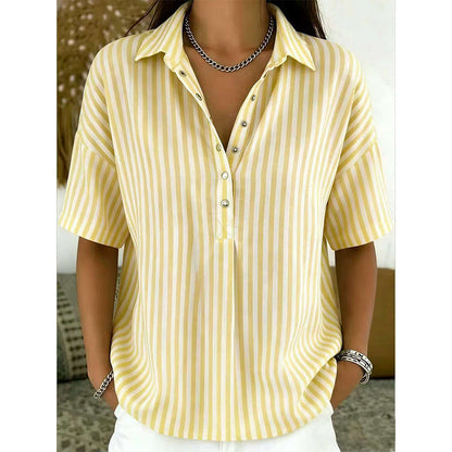 Women's Striped Short-Sleeve Shirt – Relaxed Fit, V Neck, 9 Colors 🍂