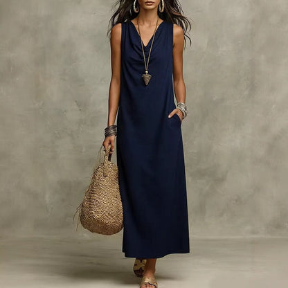 Women's Sleeveless Cowl Neck Maxi Dress with Pockets